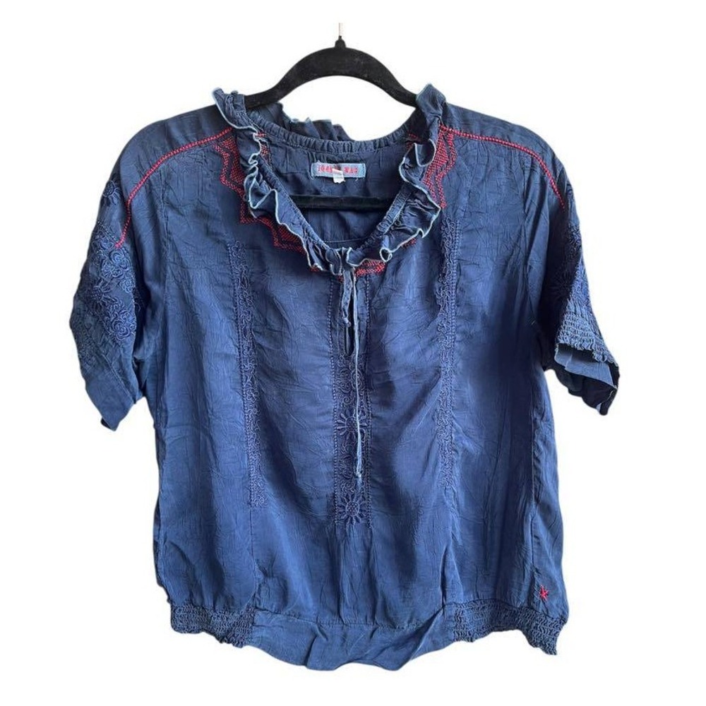 Johnny Was  Blue Embroidered Peasant Blouse Women's Size S Boho‎ Chic